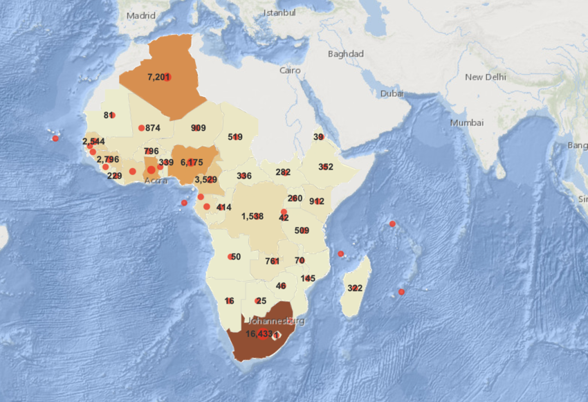 Casi confermati COVID-19 in Africa per paese, a partire dal 19 maggio. Fonte: OMS.