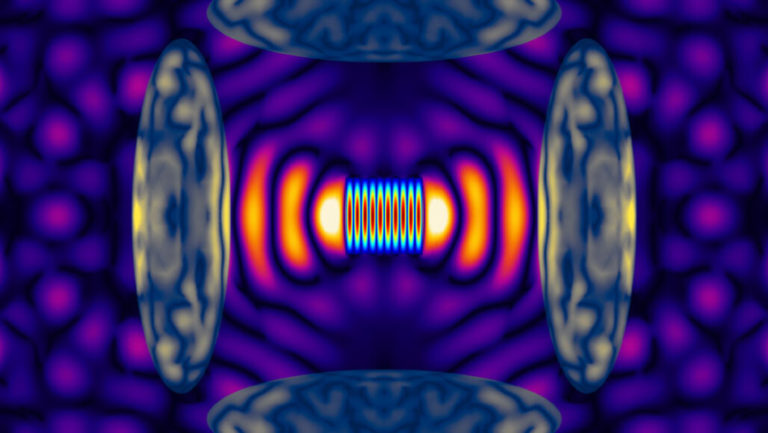 A new thermometer takes the temperature of objects by sensing sounds that the objects give off when they get hot. In this simulation, a sheet of silicon nitride (center) detects sound waves from hot blobs of epoxy (ovals at top, bottom, left and right).