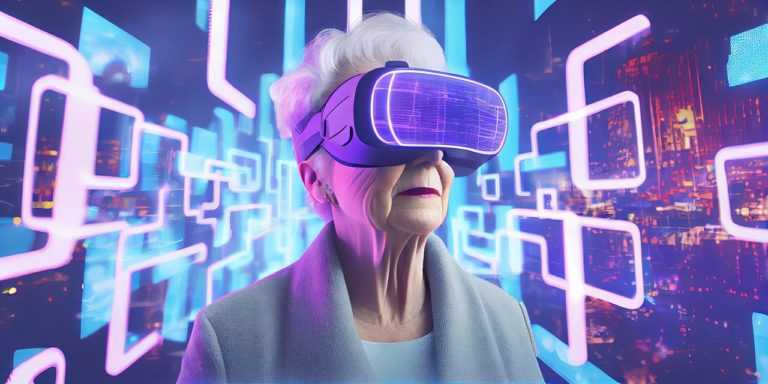 Signora anziana indossa un visore VR in ambiente metaverso